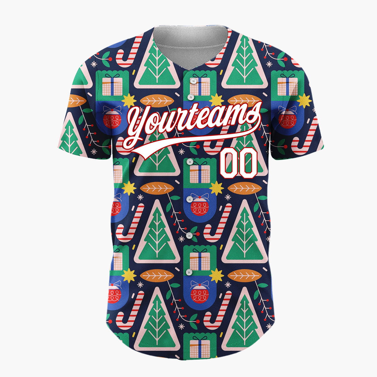 Custom Navy Geometric Trees Gifts Modern Holiday Pattern Christmas Baseball Jersey