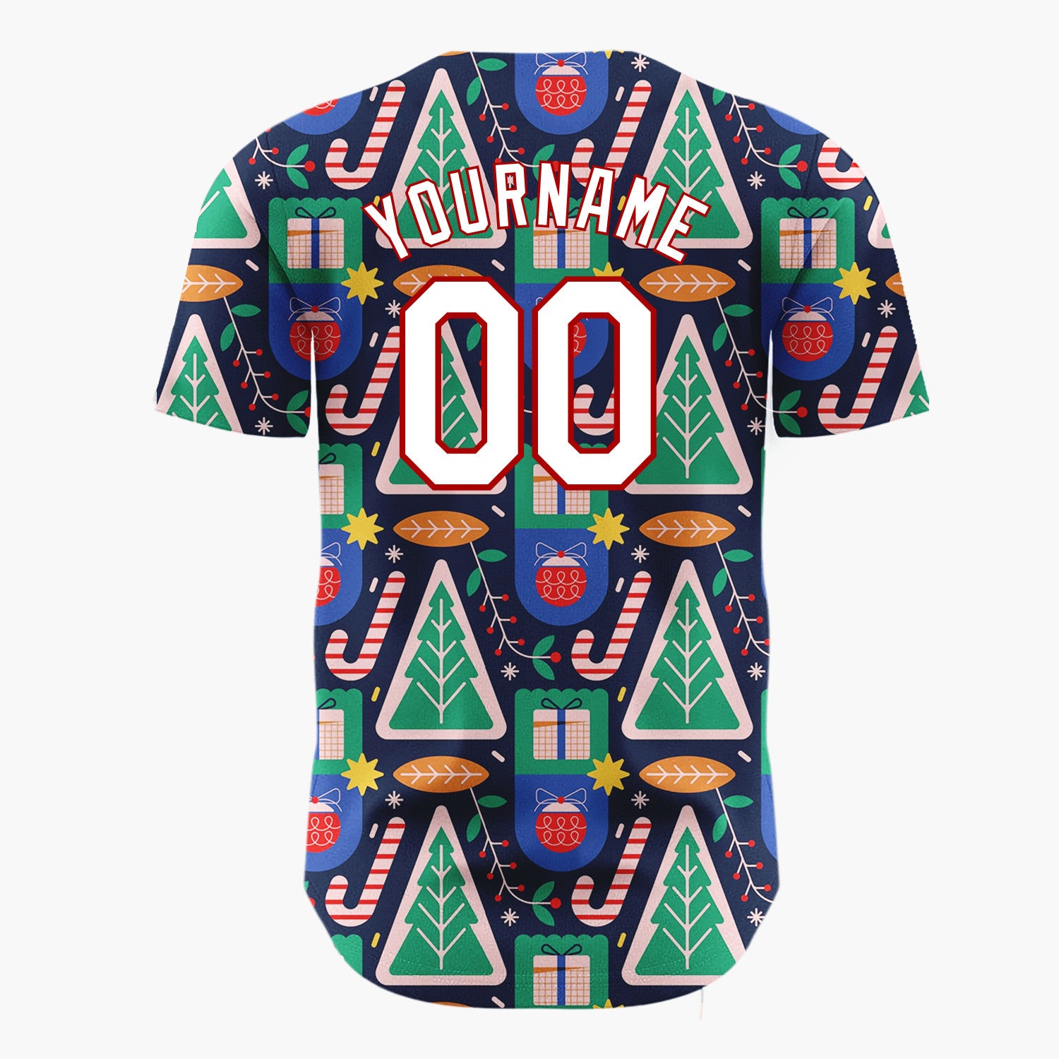 Custom Navy Geometric Trees Gifts Modern Holiday Pattern Christmas Baseball Jersey