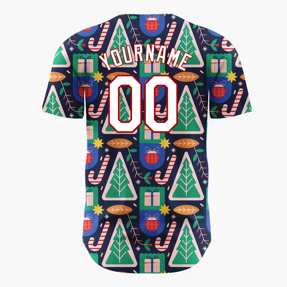 Custom Navy Geometric Trees Gifts Modern Holiday Pattern Christmas Baseball Jersey