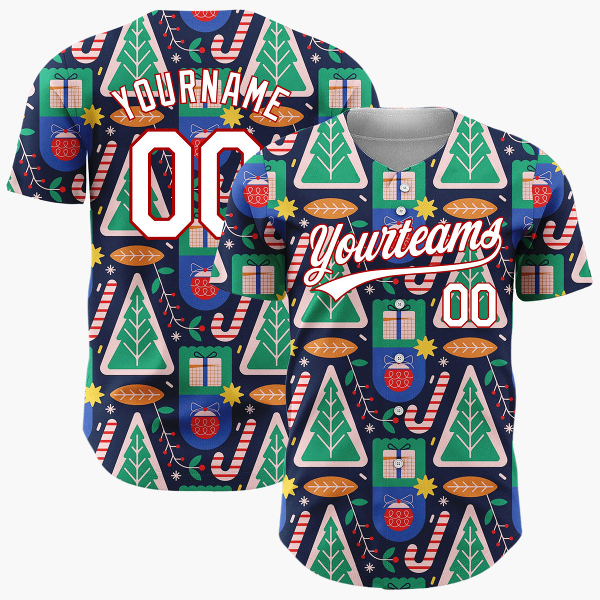 Custom Navy Geometric Trees Gifts Modern Holiday Pattern Christmas Baseball Jersey
