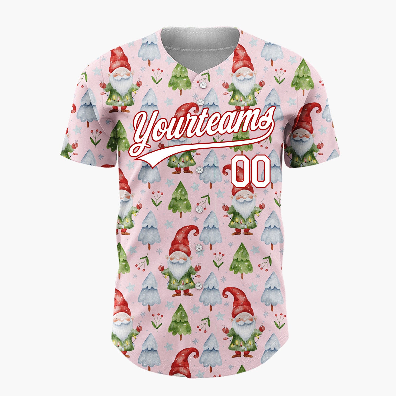 Custom Light Pink Gnomes And Christmas Trees Watercolor Christmas Baseball Jersey