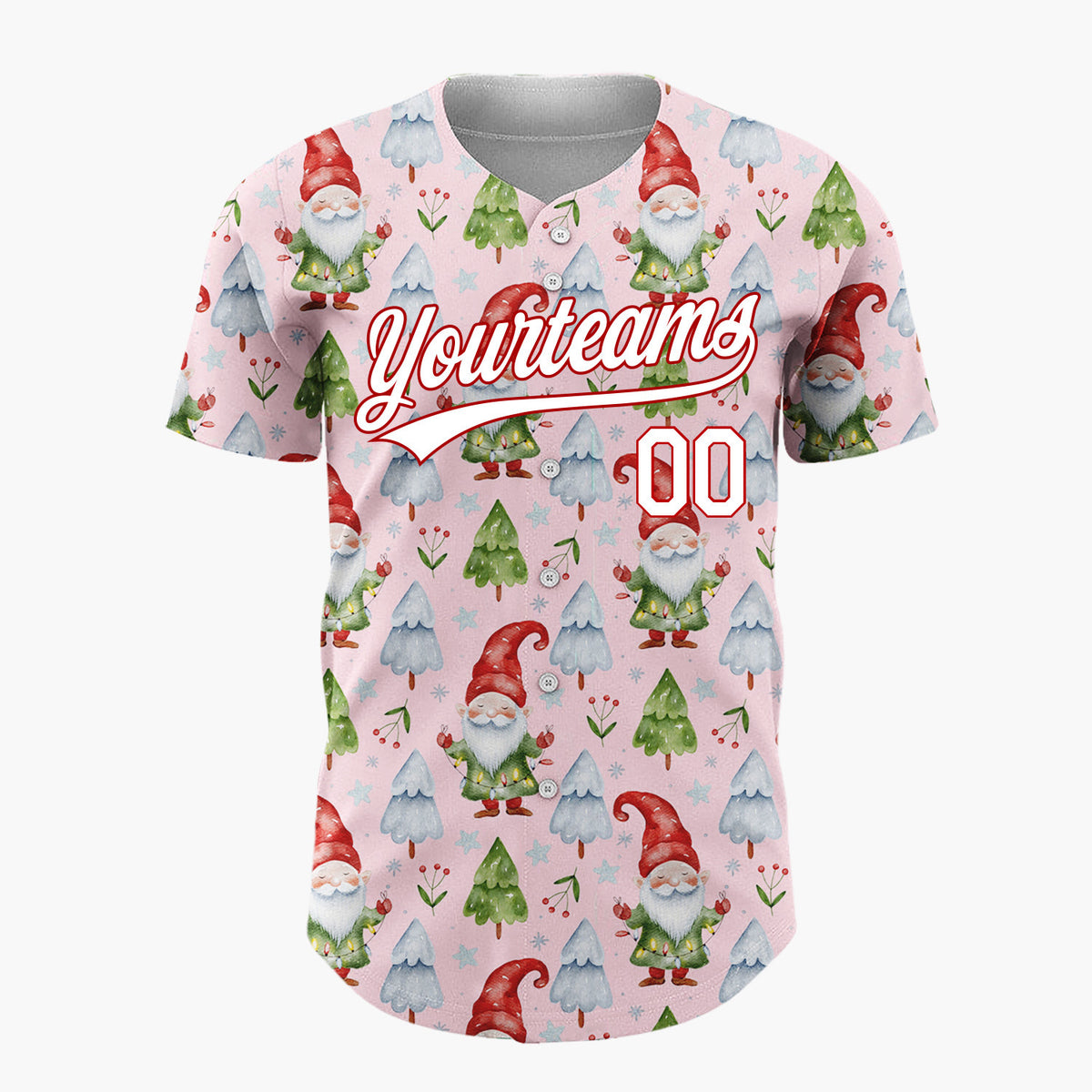 Custom Light Pink Gnomes And Christmas Trees Watercolor Christmas Baseball Jersey