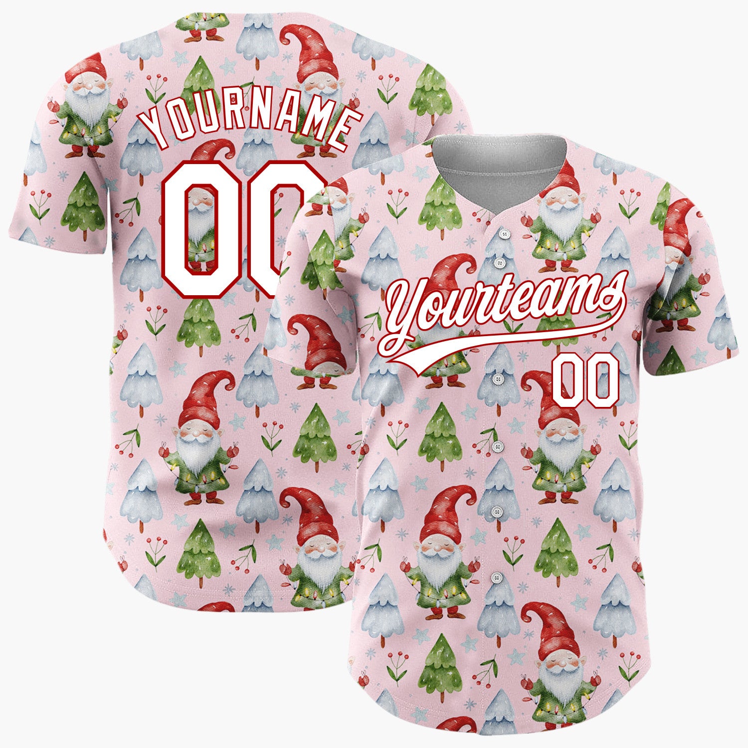 Custom Light Pink Gnomes And Christmas Trees Watercolor Christmas Baseball Jersey