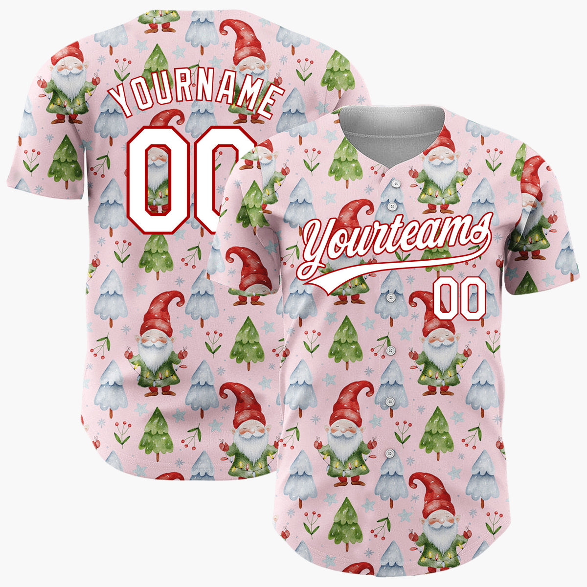 Custom Light Pink Gnomes And Christmas Trees Watercolor Christmas Baseball Jersey