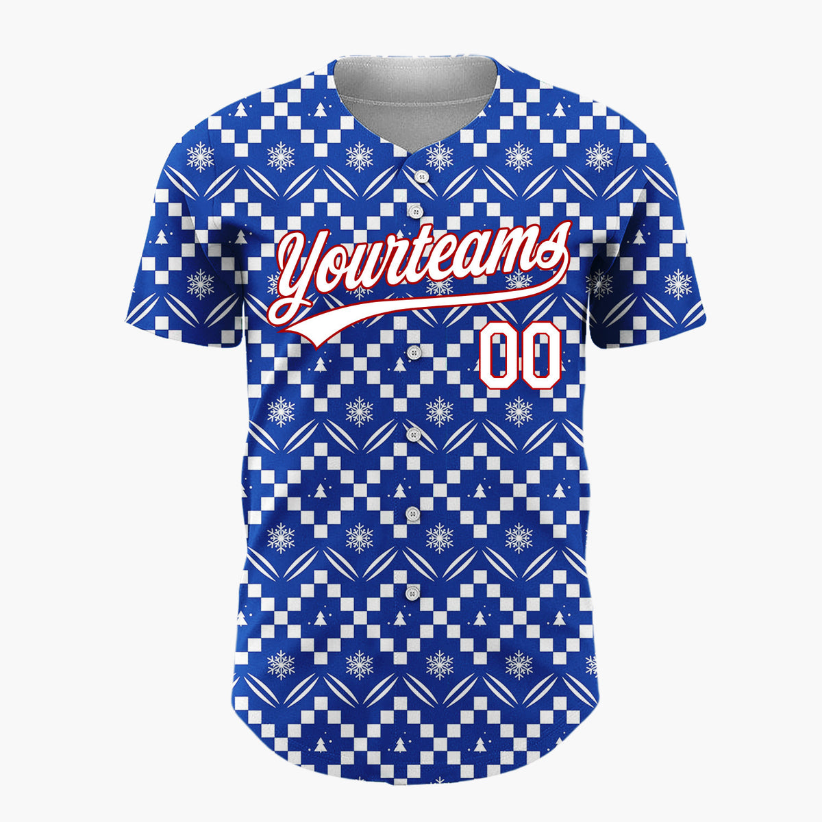 Custom Navy Blue White Zigzag Fair Isle Snowflake Pattern Christmas Baseball Jersey