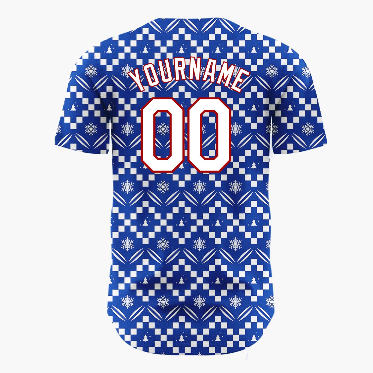 Custom Navy Blue White Zigzag Fair Isle Snowflake Pattern Christmas Baseball Jersey