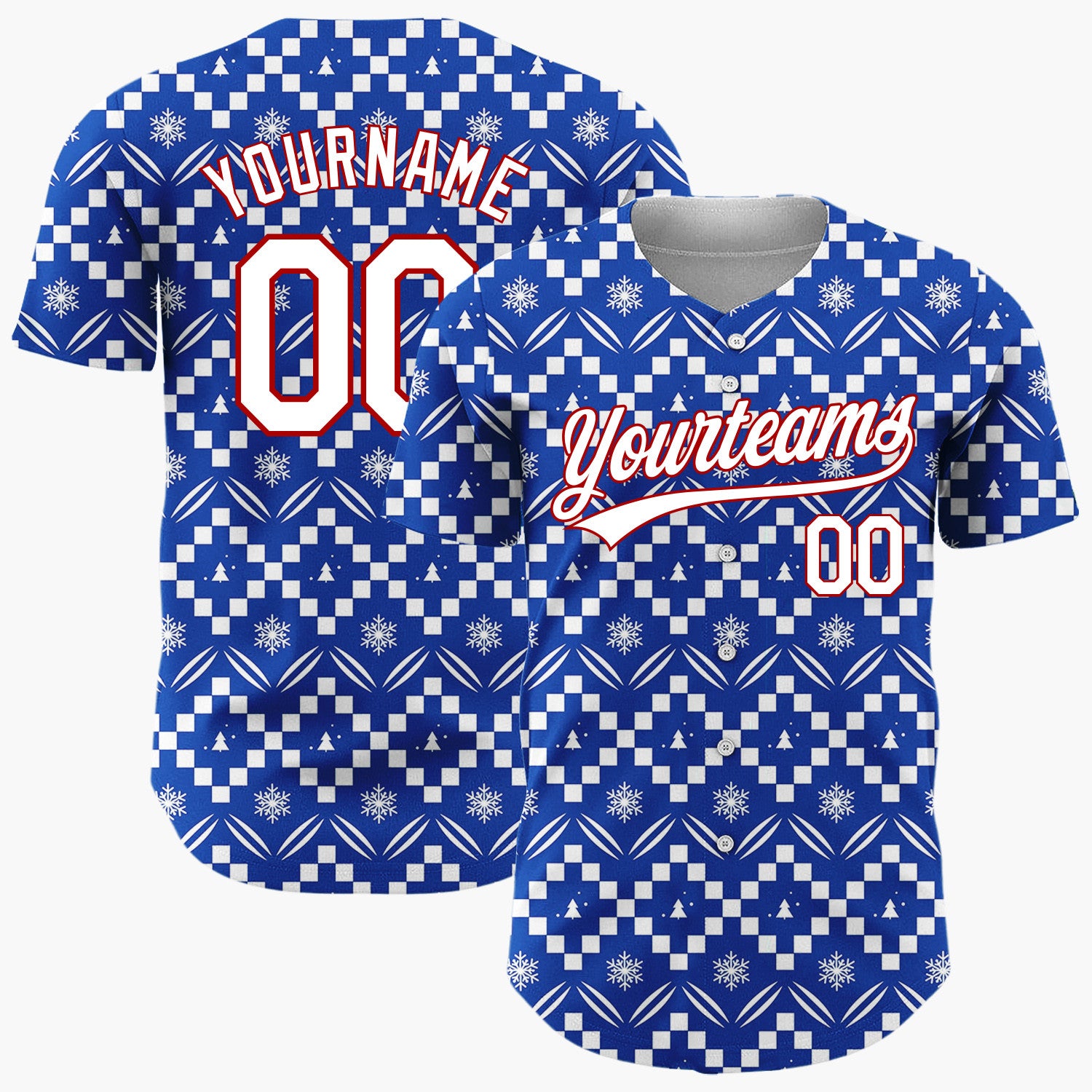 Custom Navy Blue White Zigzag Fair Isle Snowflake Pattern Christmas Baseball Jersey