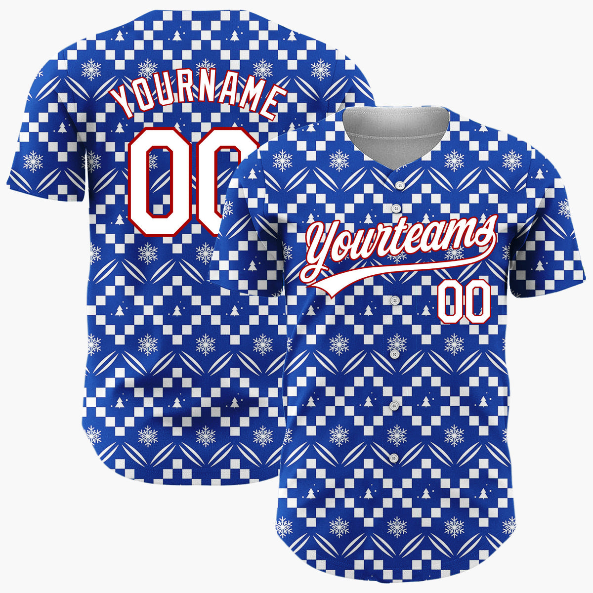 Custom Navy Blue White Zigzag Fair Isle Snowflake Pattern Christmas Baseball Jersey