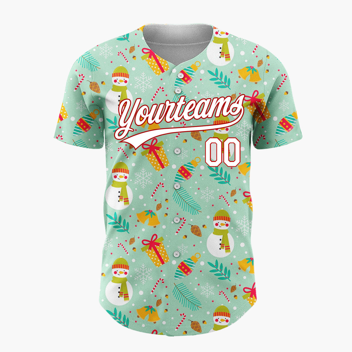 Custom Mint Green Snowmen Gifts And Snowflakes Cute Christmas Baseball Jersey