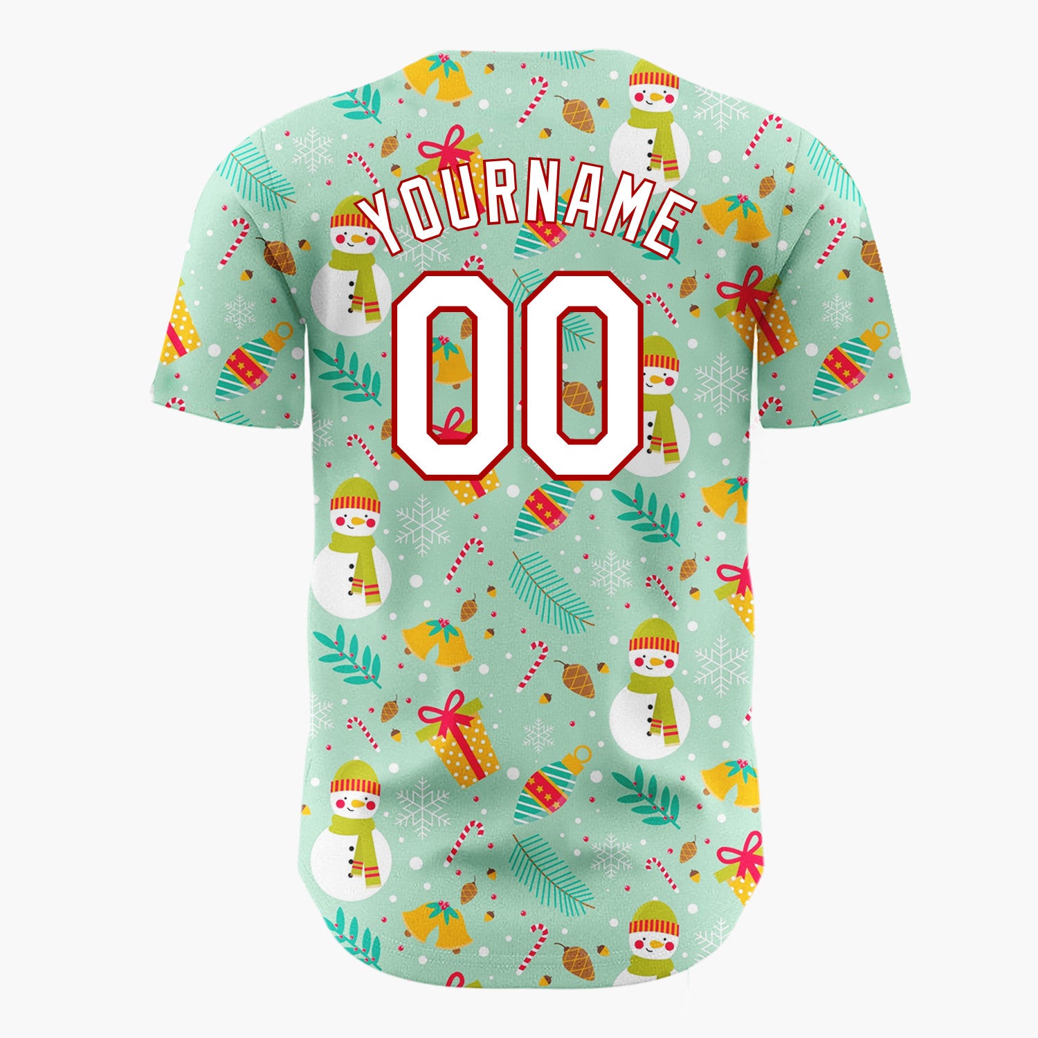 Custom Mint Green Snowmen Gifts And Snowflakes Cute Christmas Baseball Jersey