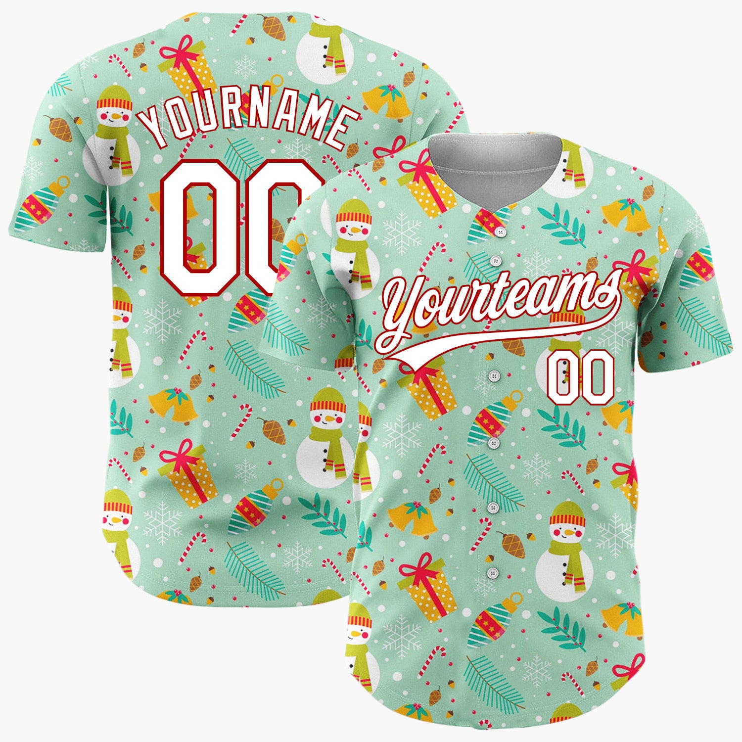 Custom Mint Green Snowmen Gifts And Snowflakes Cute Christmas Baseball Jersey