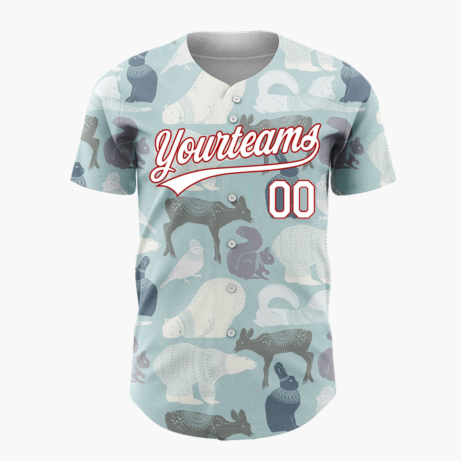 Custom Muted Blue Nordic Winter Animals Illustrated Pattern Christmas Baseball Jersey