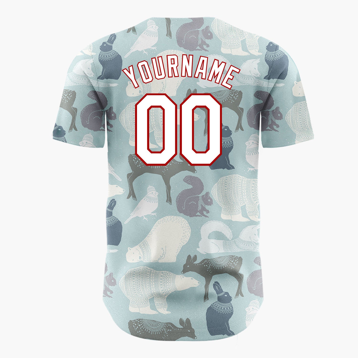 Custom Muted Blue Nordic Winter Animals Illustrated Pattern Christmas Baseball Jersey
