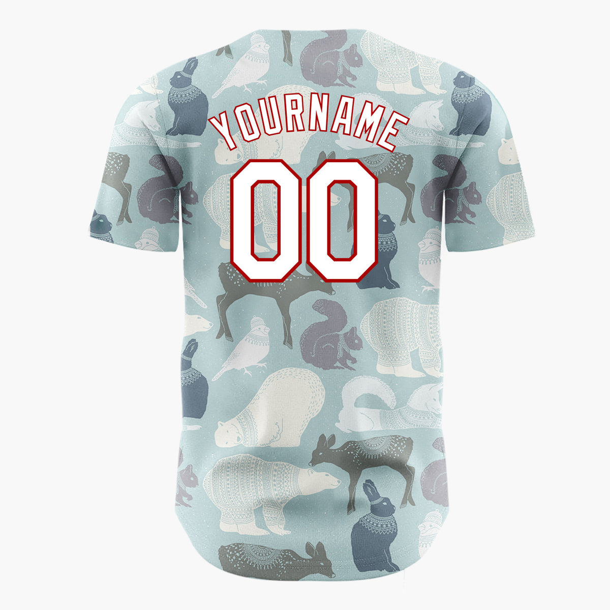 Custom Muted Blue Nordic Winter Animals Illustrated Pattern Christmas Baseball Jersey
