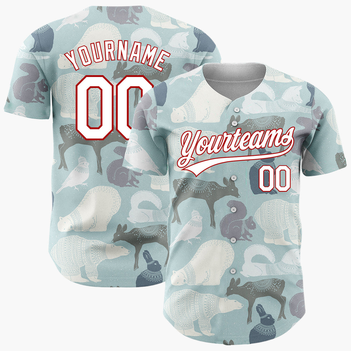 Custom Muted Blue Nordic Winter Animals Illustrated Pattern Christmas Baseball Jersey