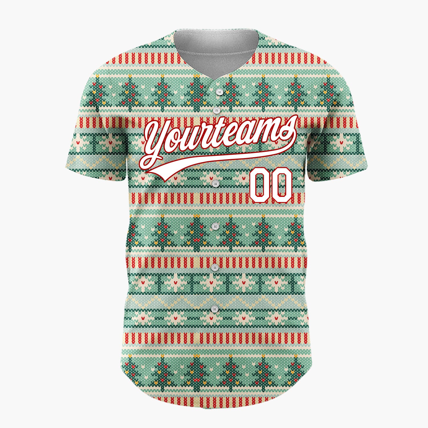 Custom Mint Red Trees Hearts And Stars Cozy Knitted Christmas Baseball Jersey