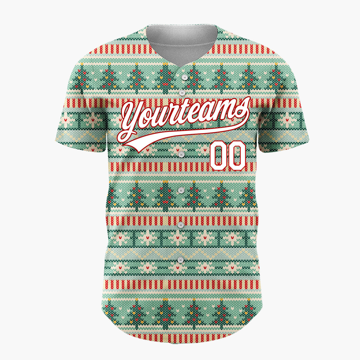 Custom Mint Red Trees Hearts And Stars Cozy Knitted Christmas Baseball Jersey