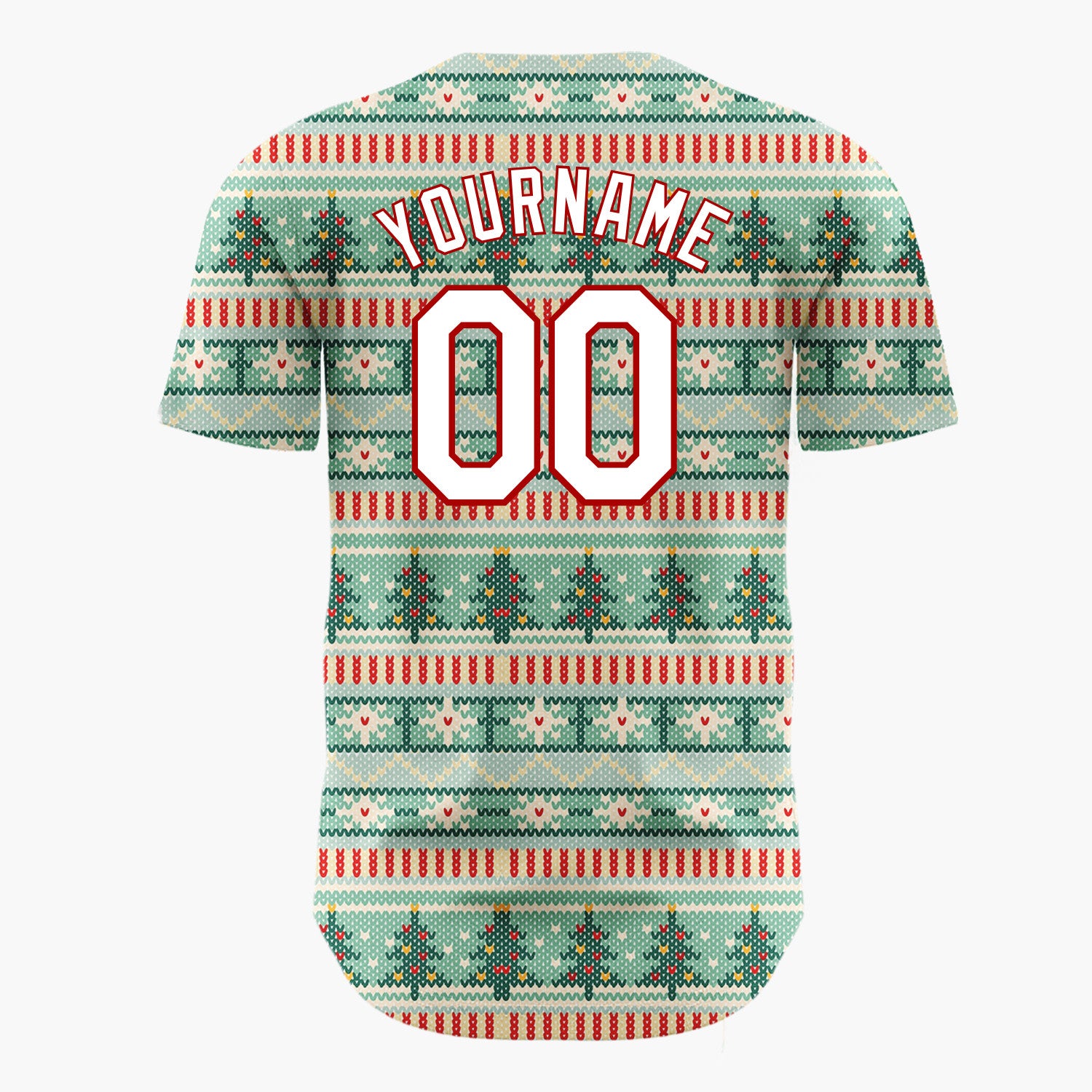 Custom Mint Red Trees Hearts And Stars Cozy Knitted Christmas Baseball Jersey