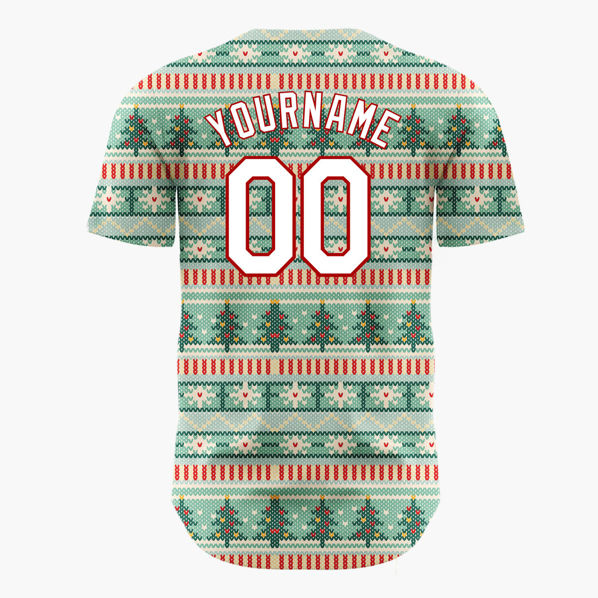 Custom Mint Red Trees Hearts And Stars Cozy Knitted Christmas Baseball Jersey