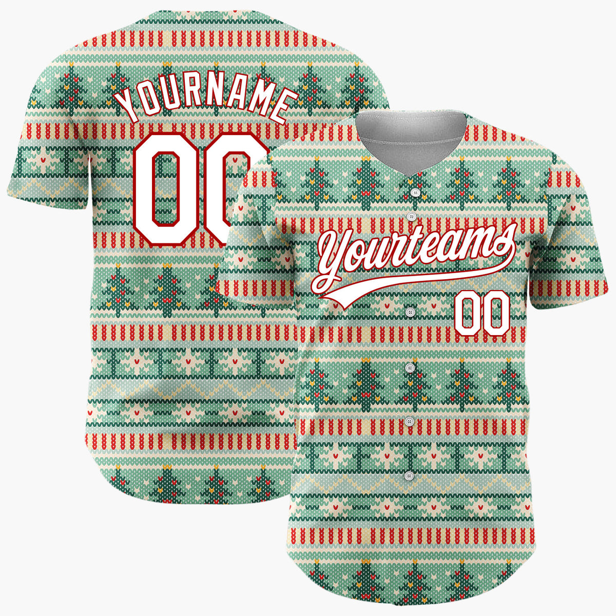 Custom Mint Red Trees Hearts And Stars Cozy Knitted Christmas Baseball Jersey
