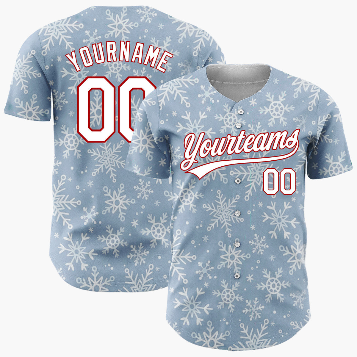 Custom Light Blue White Snowflakes Winter Wonderland Pattern Christmas Baseball Jersey