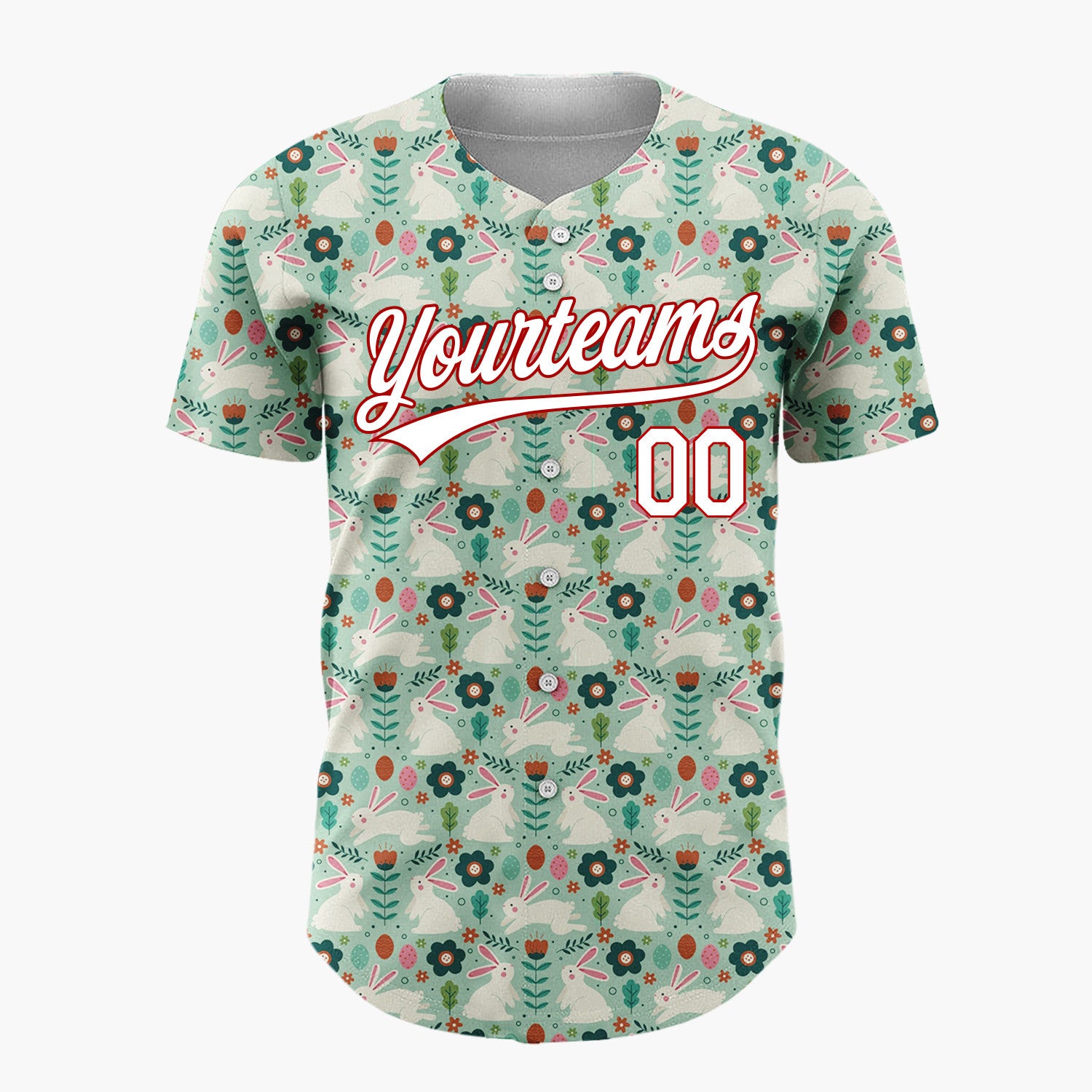 Custom Mint Green Rabbits Flowers And Leaves Folk Easter Pattern Christmas Baseball Jersey