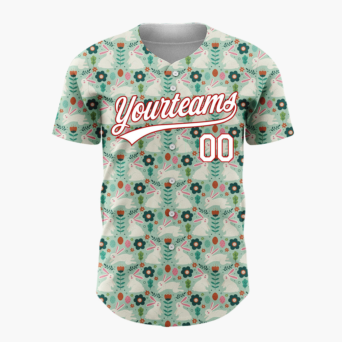 Custom Mint Green Rabbits Flowers And Leaves Folk Easter Pattern Christmas Baseball Jersey