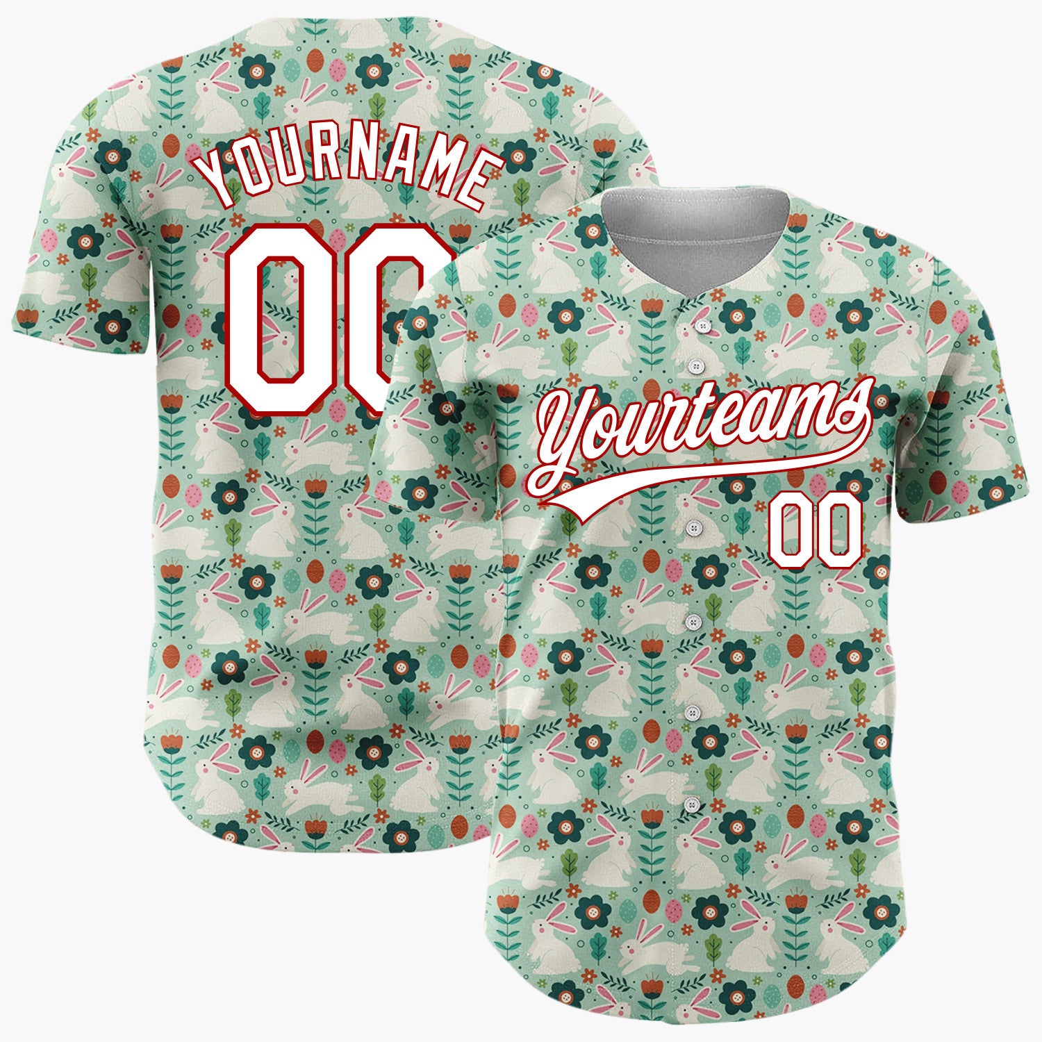 Custom Mint Green Rabbits Flowers And Leaves Folk Easter Pattern Christmas Baseball Jersey