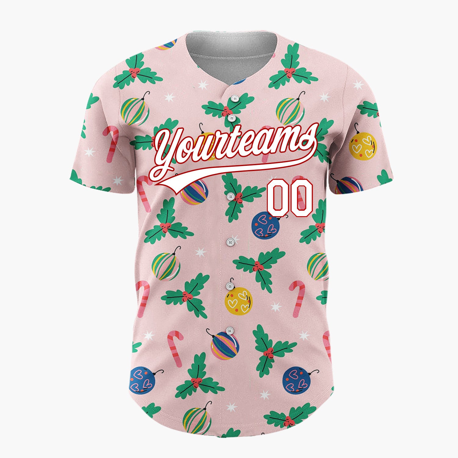 Custom Light Pink Christmas Holly And Candy Cane Folk Pattern Christmas Baseball Jersey