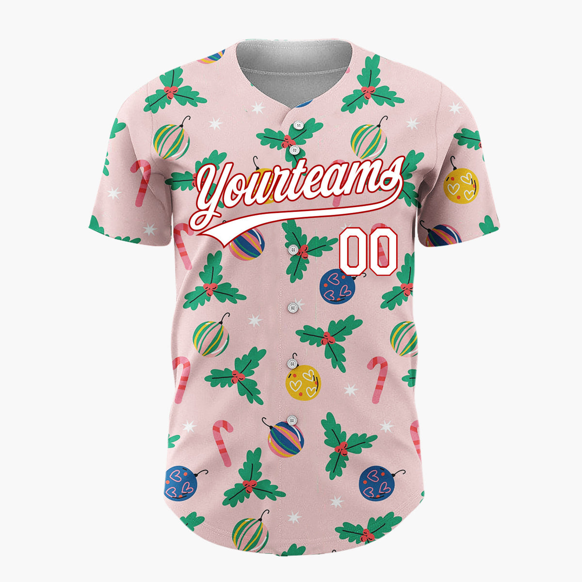 Custom Light Pink Christmas Holly And Candy Cane Folk Pattern Christmas Baseball Jersey