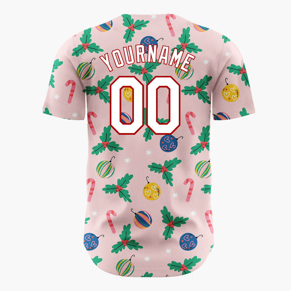 Custom Light Pink Christmas Holly And Candy Cane Folk Pattern Christmas Baseball Jersey