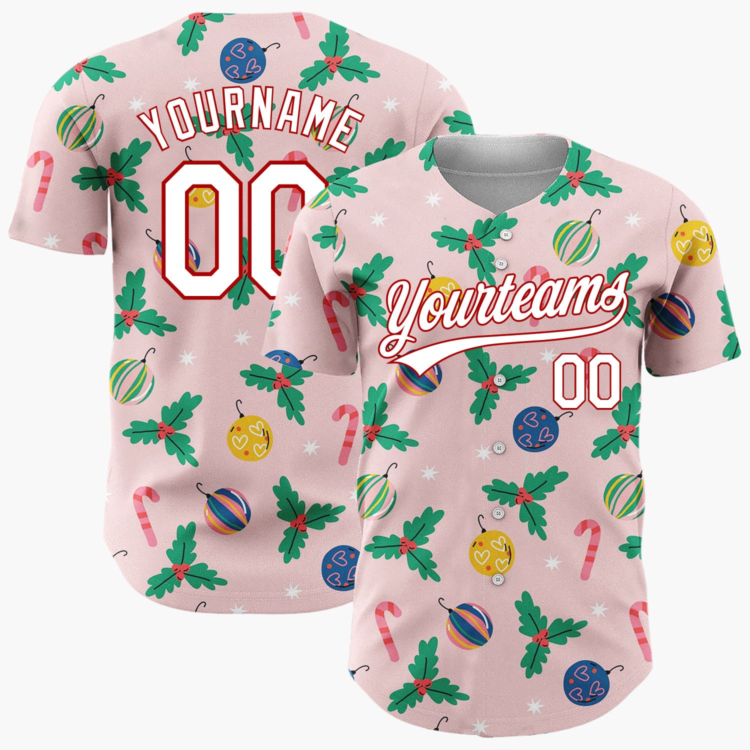 Custom Light Pink Christmas Holly And Candy Cane Folk Pattern Christmas Baseball Jersey
