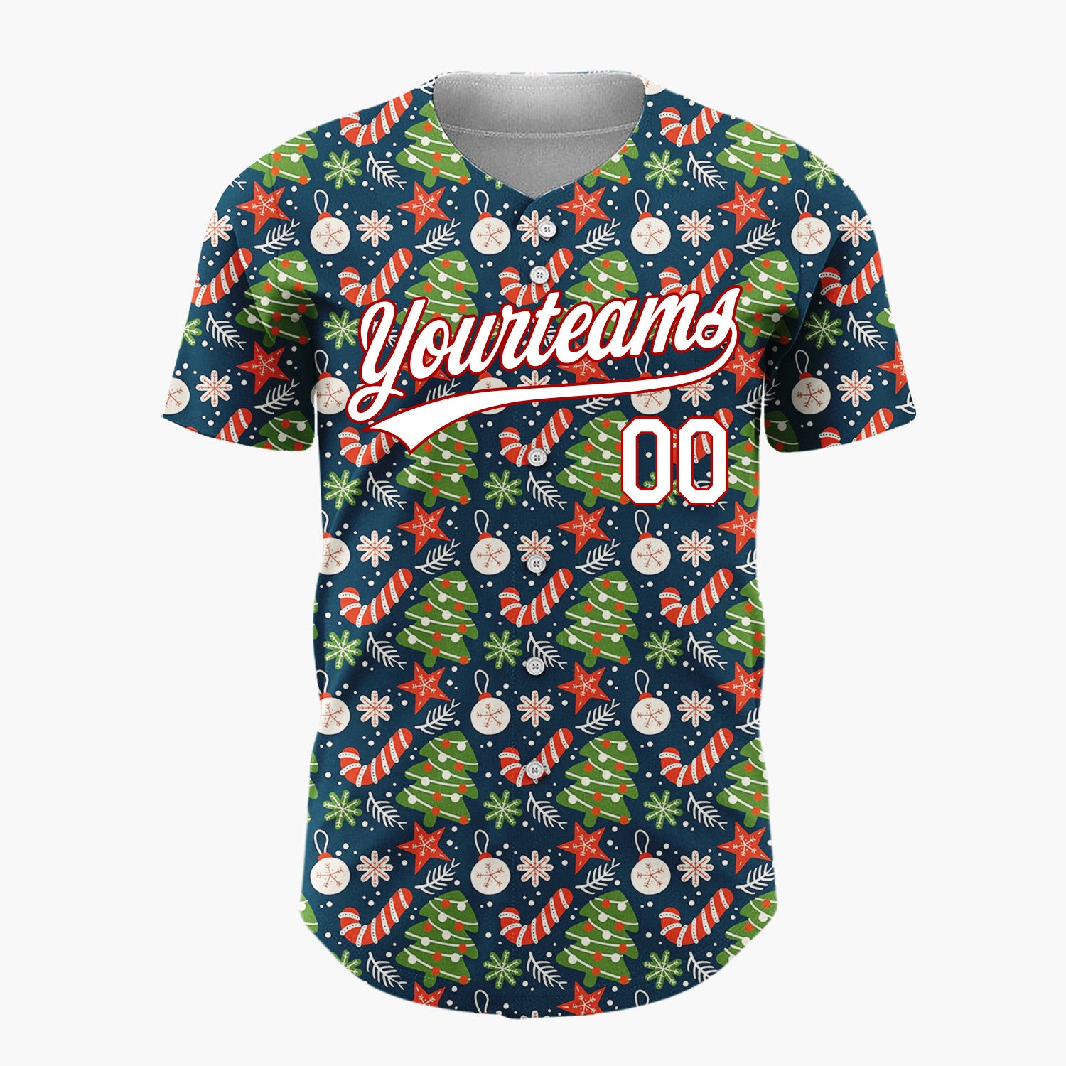 Custom Navy Green Trees Stars And Candy Canes Festive Holiday Pattern Christmas Baseball Jersey