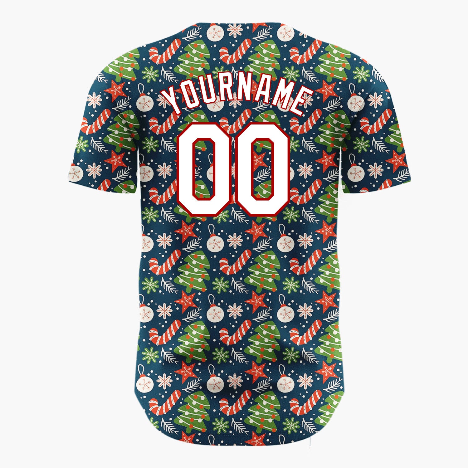 Custom Navy Green Trees Stars And Candy Canes Festive Holiday Pattern Christmas Baseball Jersey