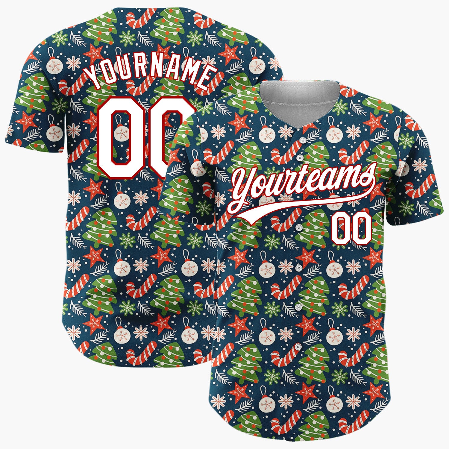 Custom Navy Green Trees Stars And Candy Canes Festive Holiday Pattern Christmas Baseball Jersey