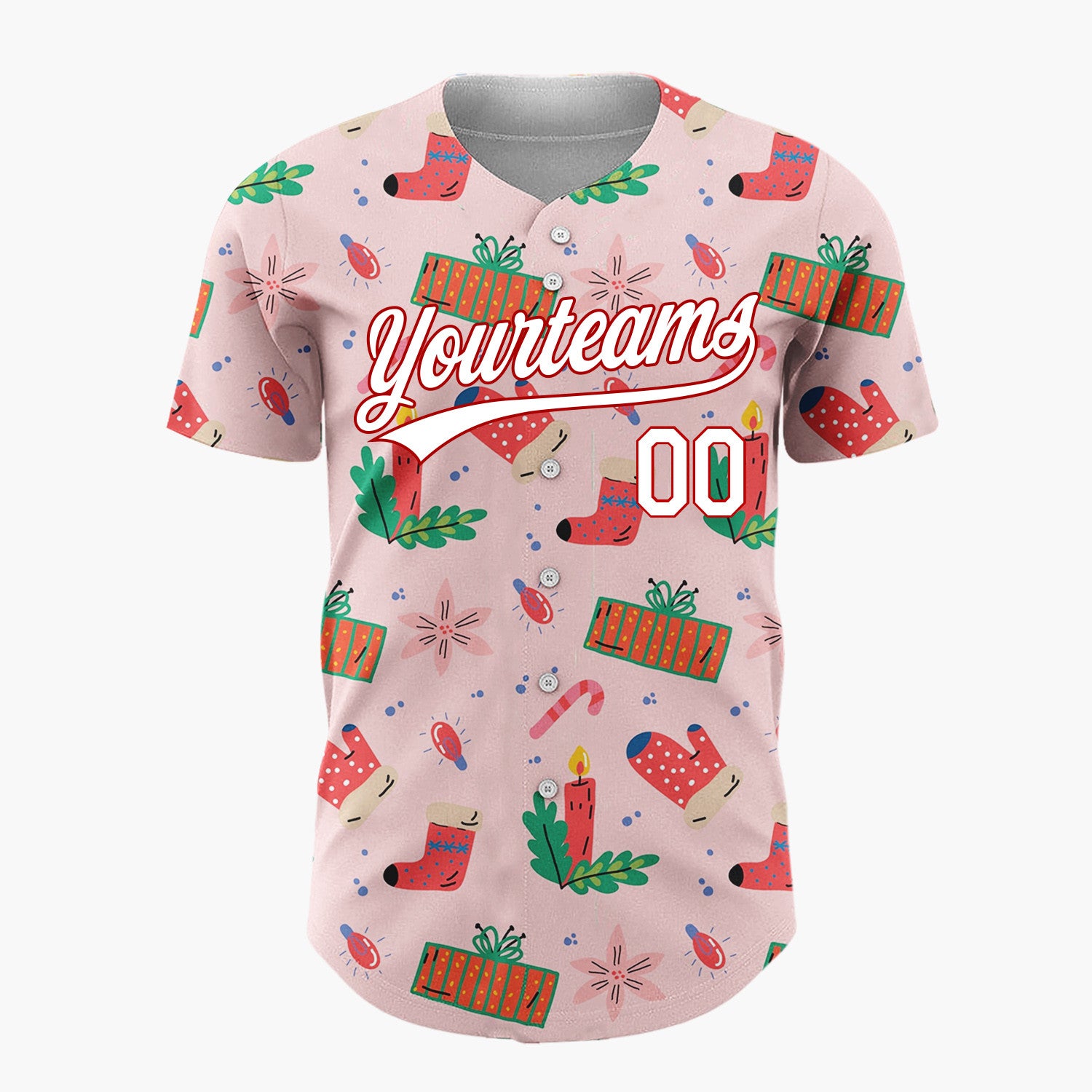 Custom Pink Red Mittens Candles And Gifts Playful Christmas Baseball Jersey