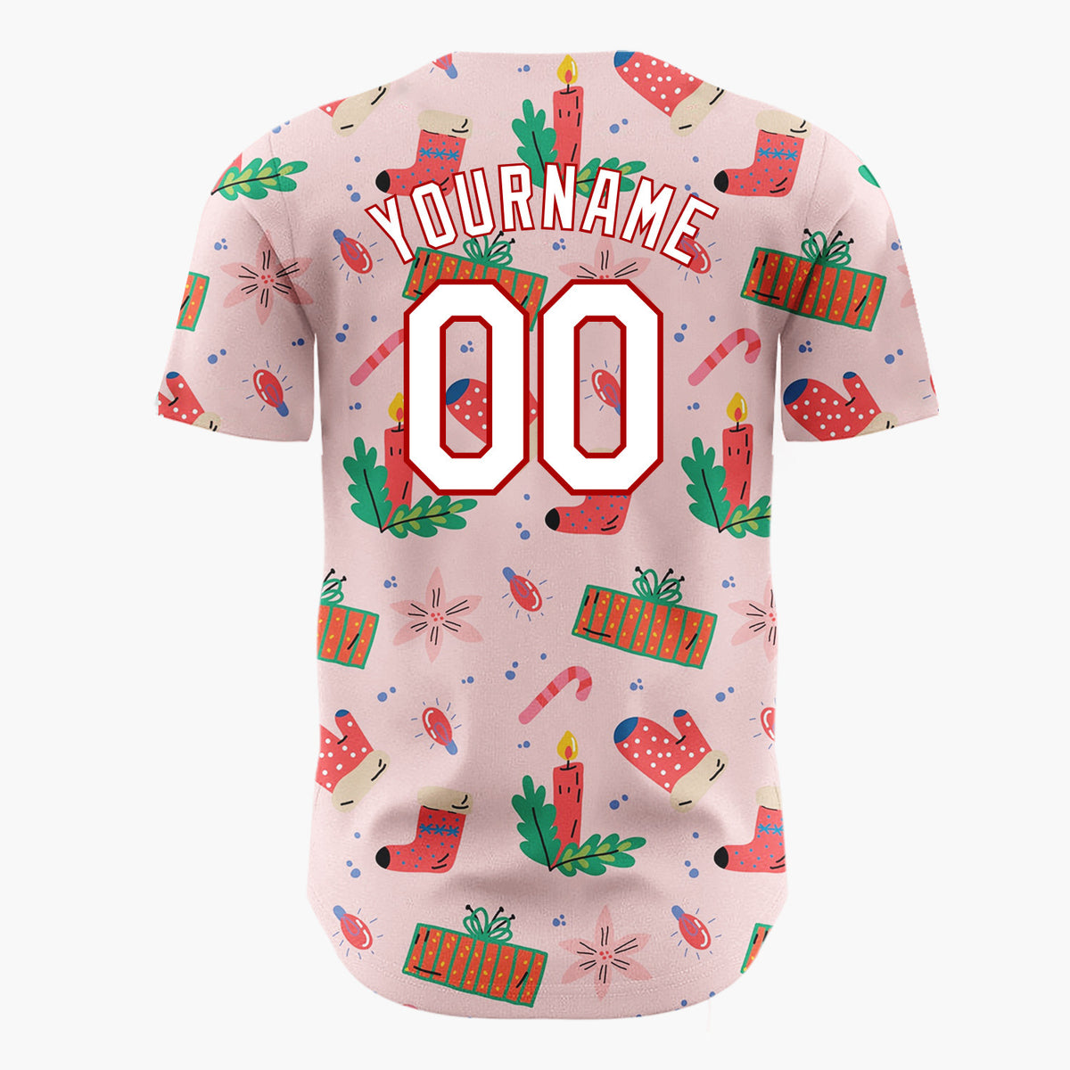 Custom Pink Red Mittens Candles And Gifts Playful Christmas Baseball Jersey