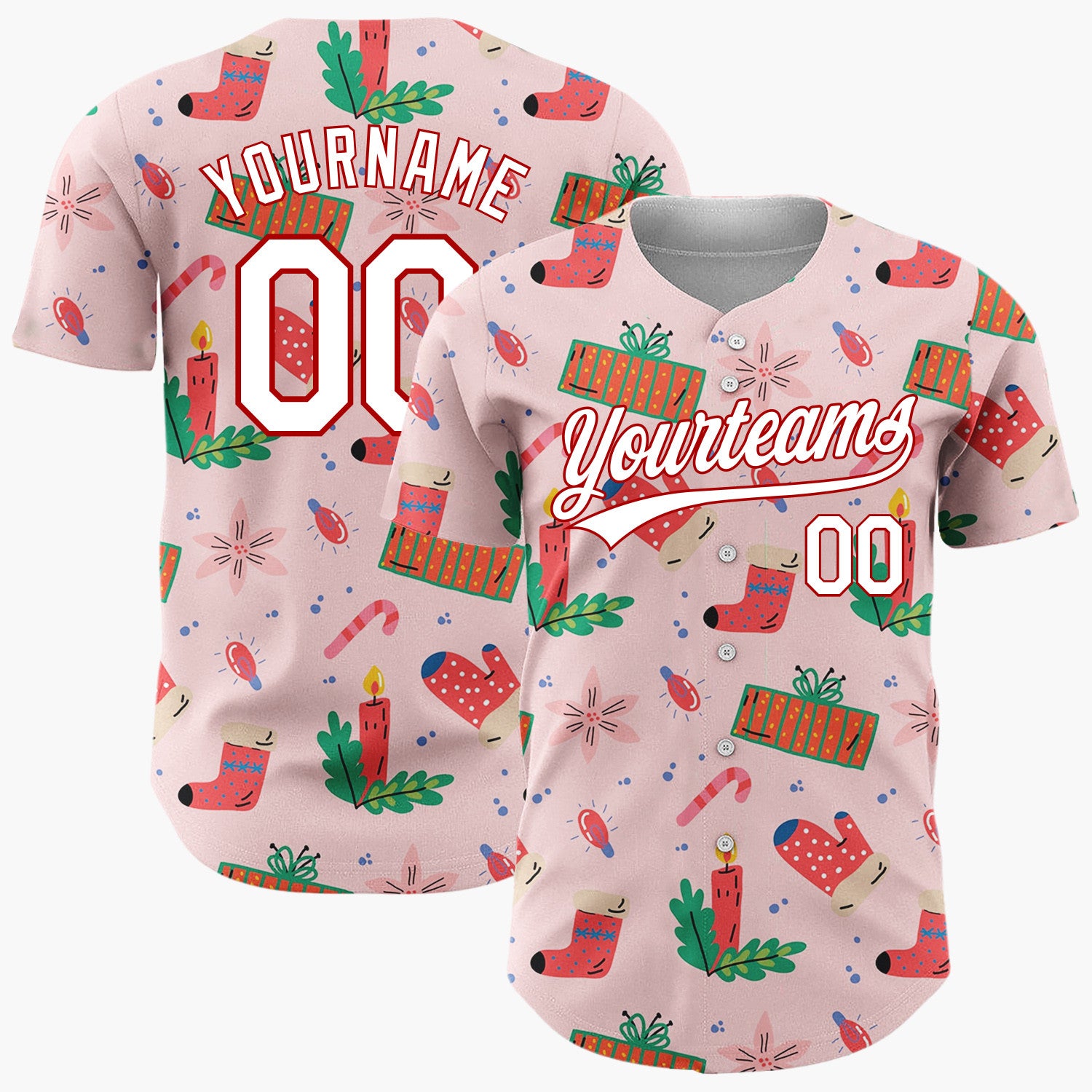 Custom Pink Red Mittens Candles And Gifts Playful Christmas Baseball Jersey