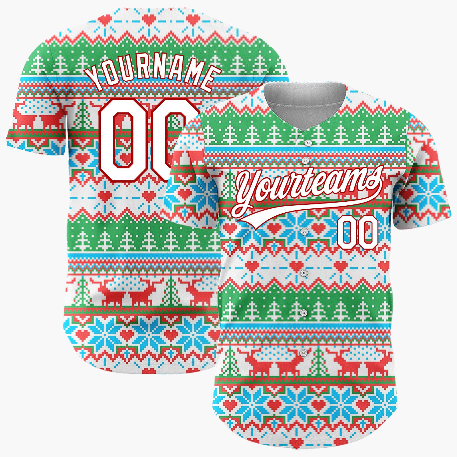 Custom Navy Red Trees Snowflakes And Baubles Nordic Knit Pattern Christmas Baseball Jersey