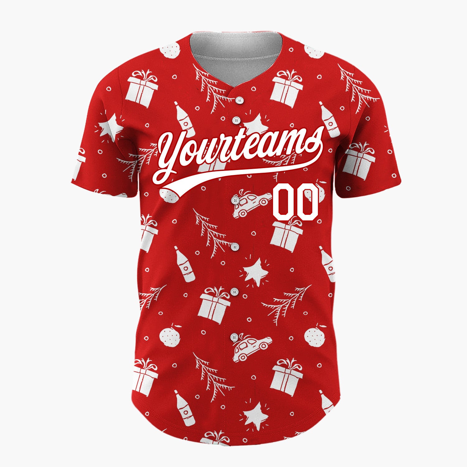 Custom Red Car Gift And Star Doodle Christmas Baseball Jersey