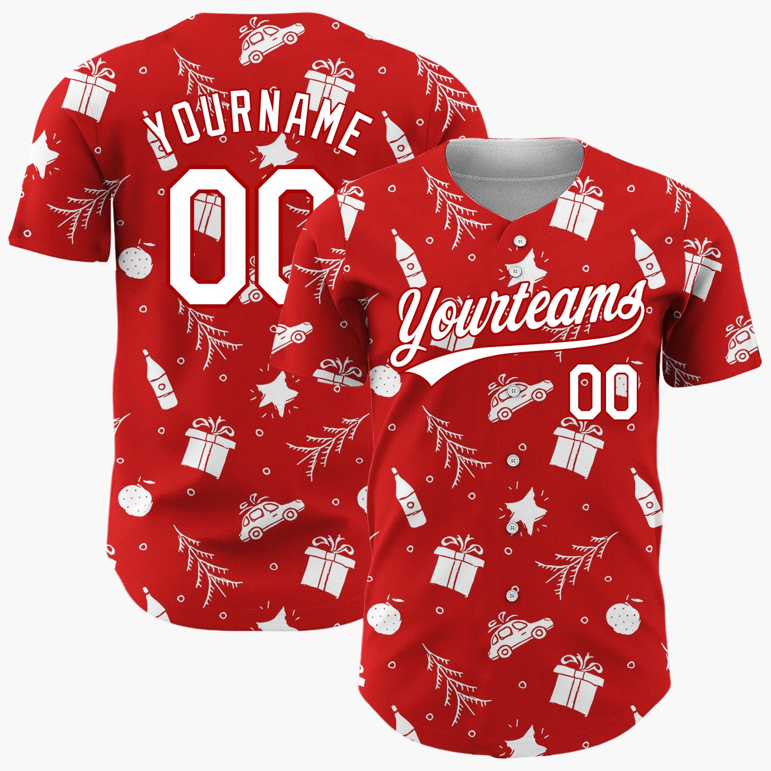 Custom Red Car Gift And Star Doodle Christmas Baseball Jersey