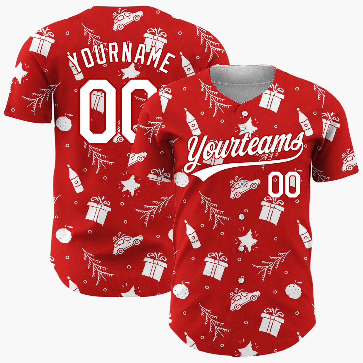 Custom Red Car Gift And Star Doodle Christmas Baseball Jersey