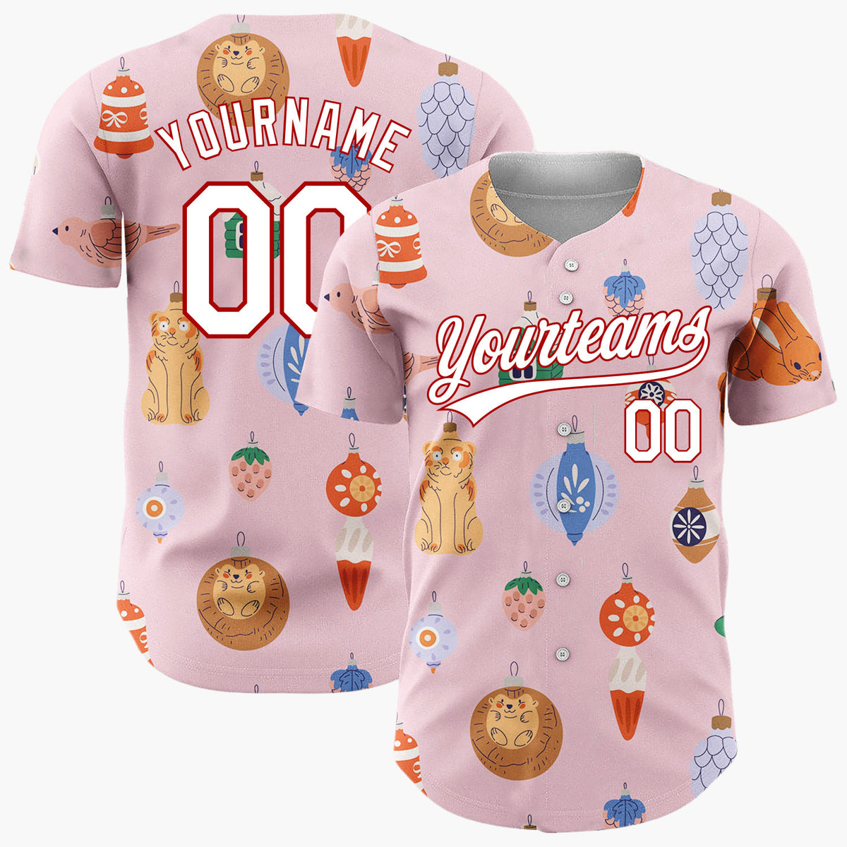 Custom Pink Vintage Animal And Ornament Cartoon Christmas Baseball Jersey