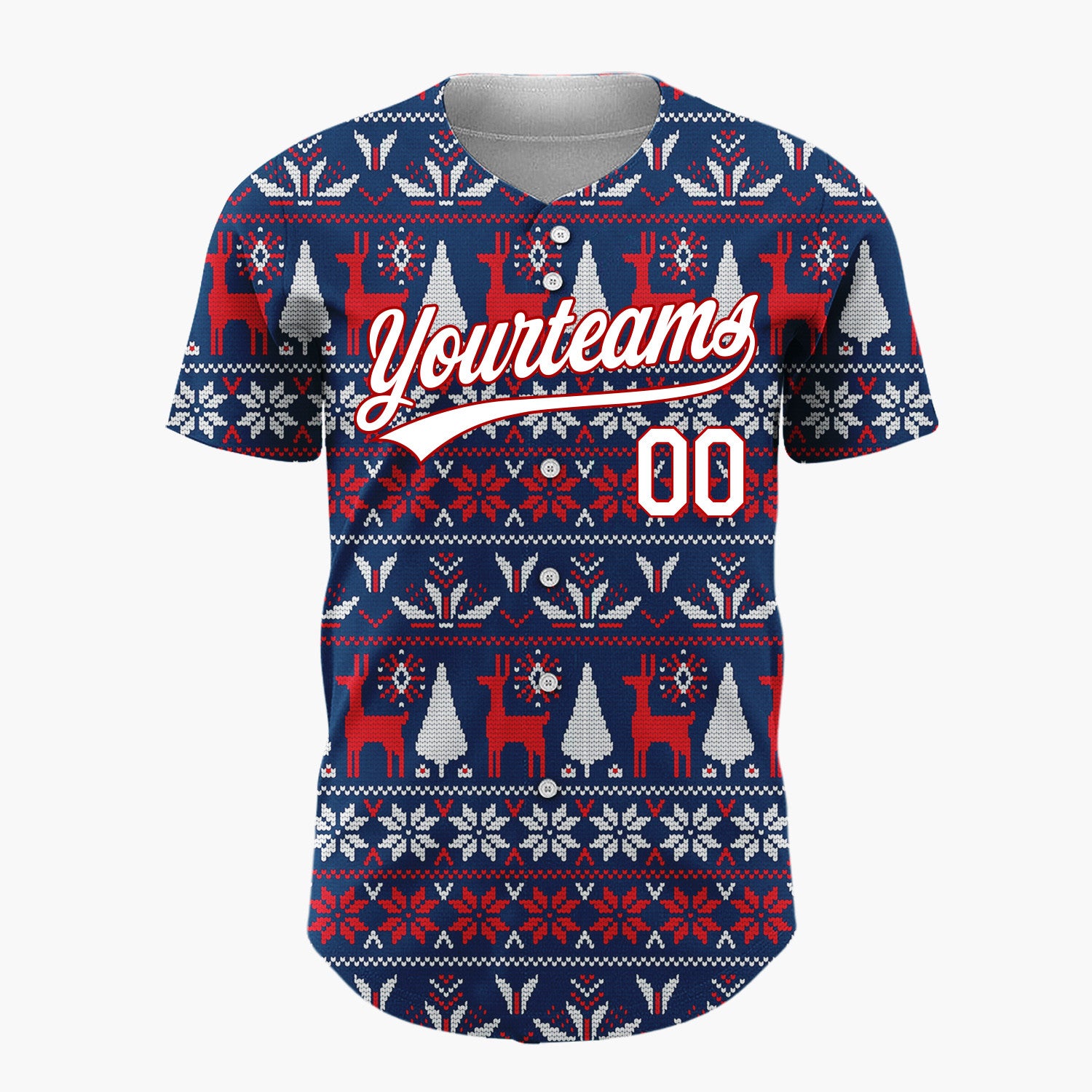 Custom Navy Red White Reindeers Trees And Snowflakes Knitted Christmas Baseball Jersey