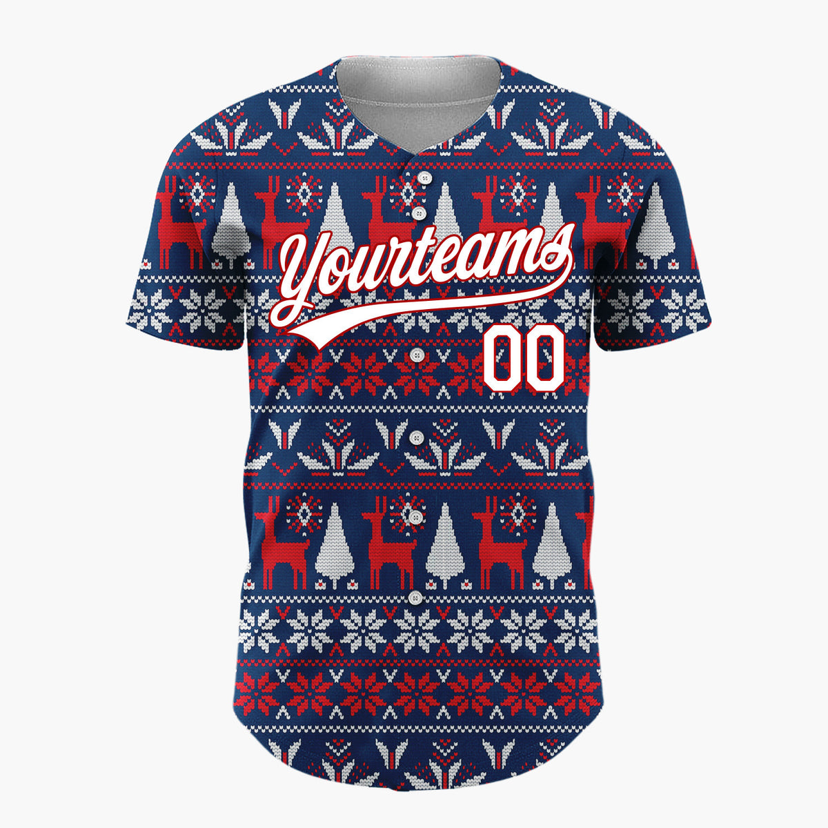 Custom Navy Red White Reindeers Trees And Snowflakes Knitted Christmas Baseball Jersey