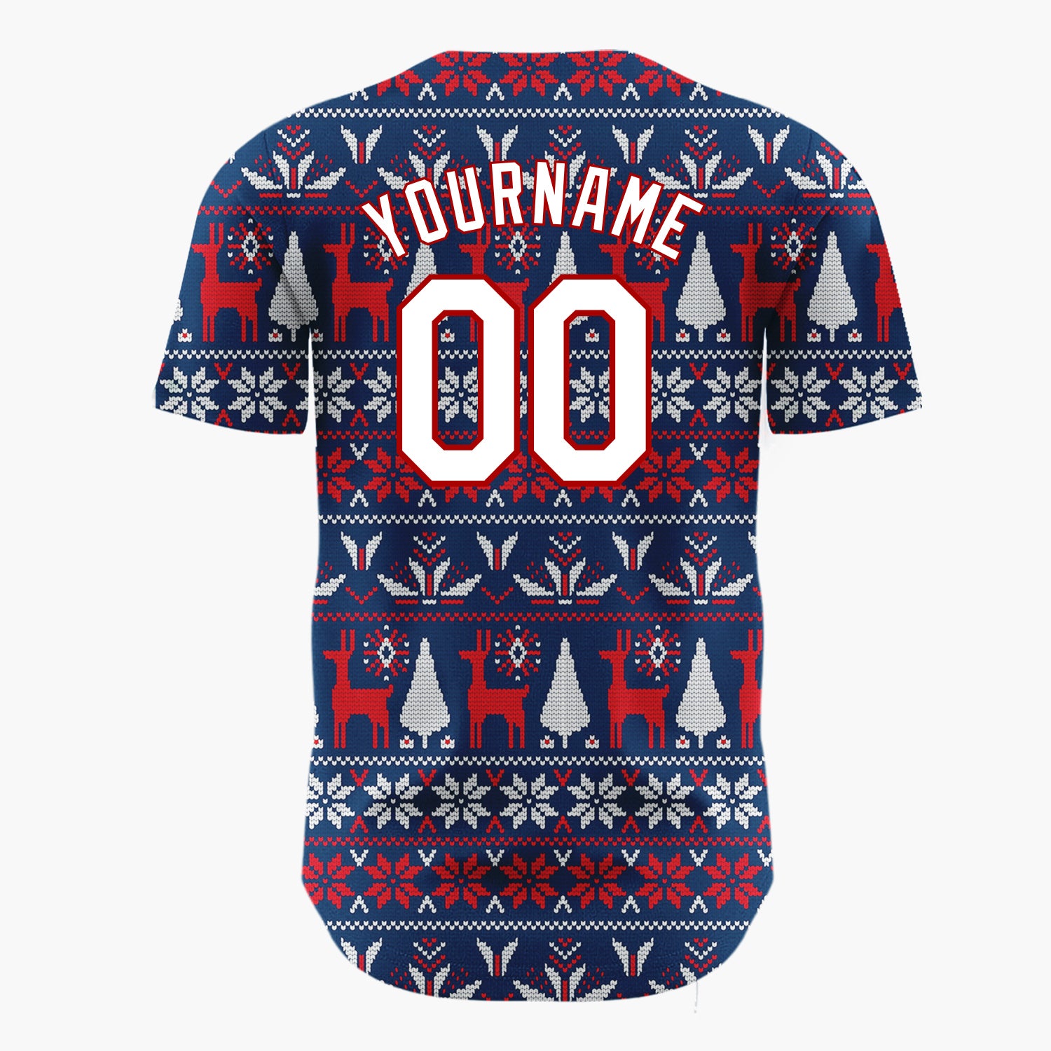 Custom Navy Red White Reindeers Trees And Snowflakes Knitted Christmas Baseball Jersey