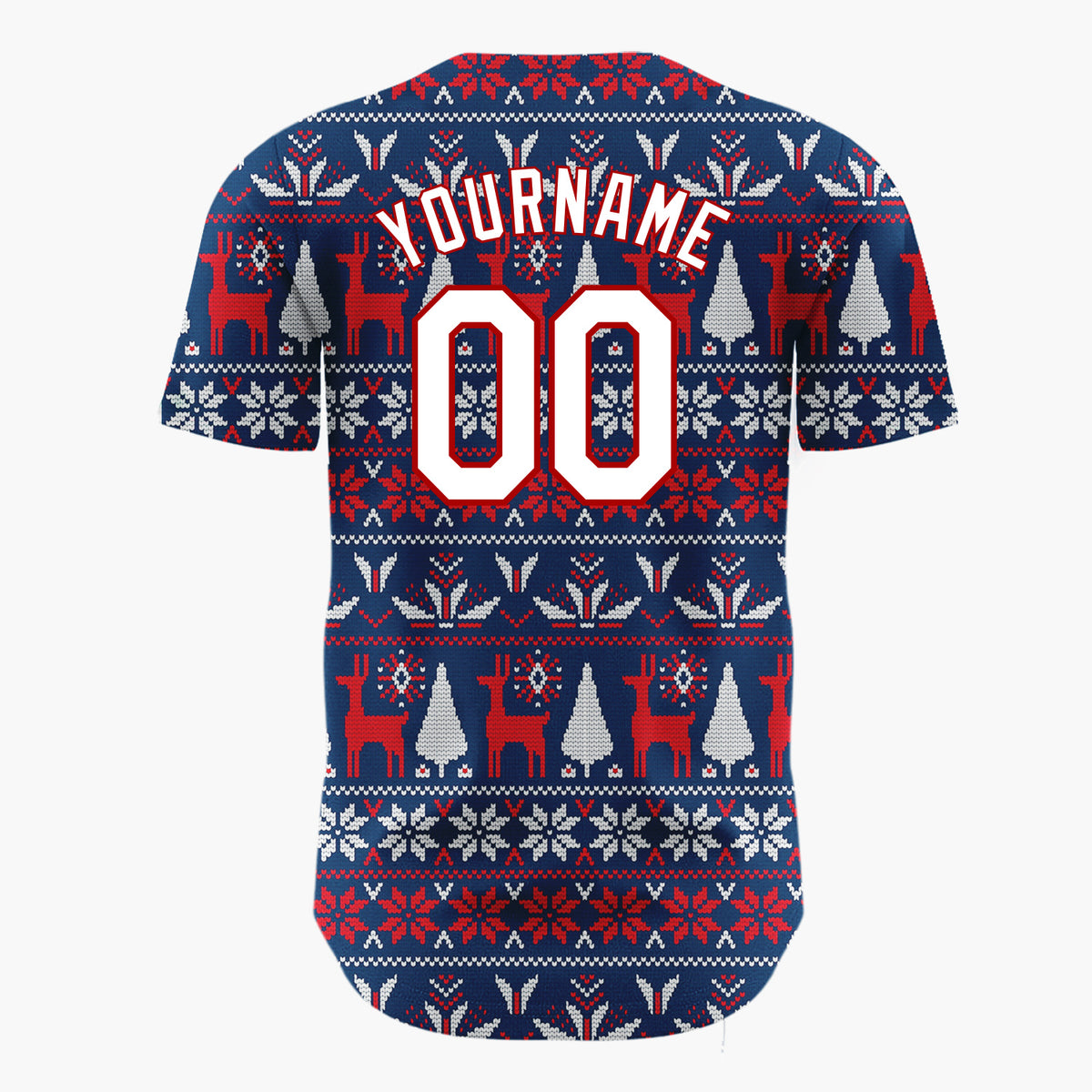 Custom Navy Red White Reindeers Trees And Snowflakes Knitted Christmas Baseball Jersey