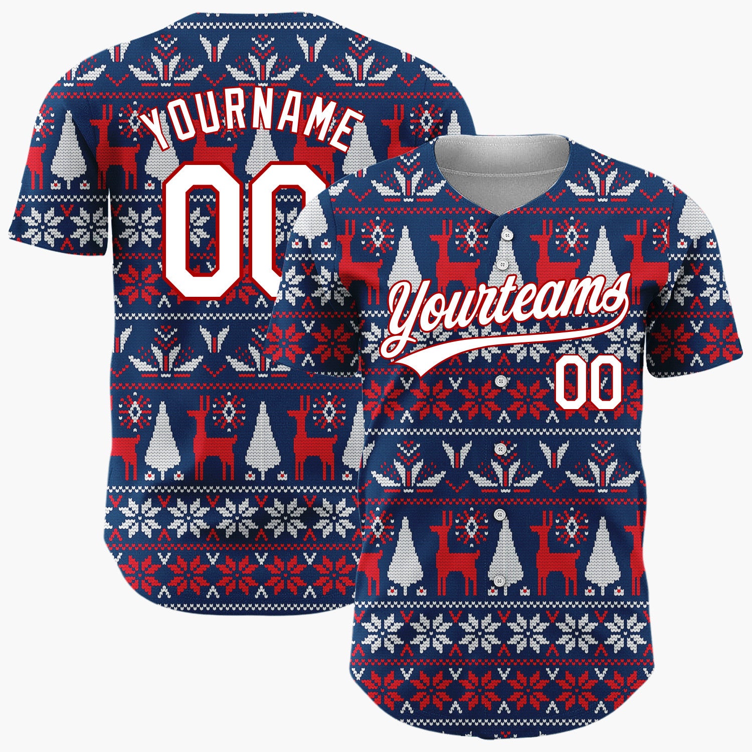 Custom Navy Red White Reindeers Trees And Snowflakes Knitted Christmas Baseball Jersey