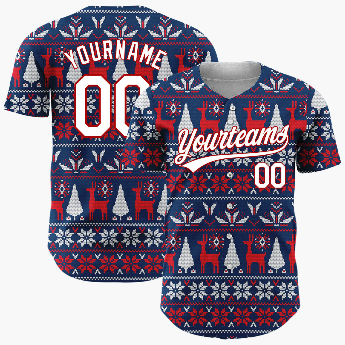 Custom Navy Red White Reindeers Trees And Snowflakes Knitted Christmas Baseball Jersey