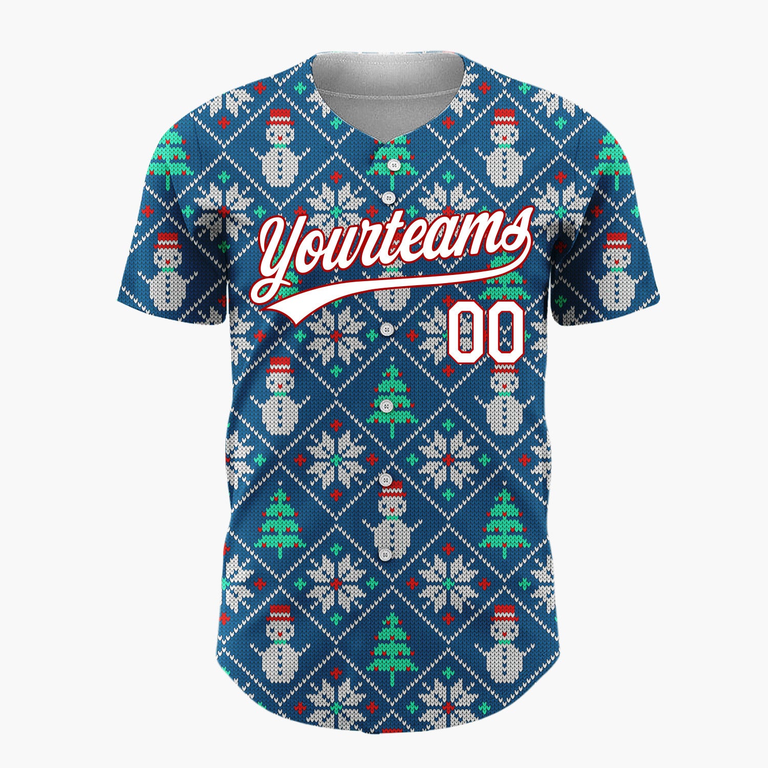 Custom Navy Green Snowmen Trees And Snowflakes Cozy Knitted Pattern Christmas Baseball Jersey